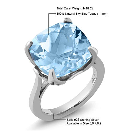 Gem Stone King 9.18 Cttw Sky Blue Topaz Engagement Ring For Women | 925 Sterling Silver | 14MM Cushion Checkerboard | Gemstone Birthstone | Available in Size 5,6,7,8,94