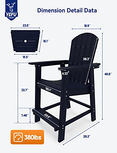 Yefu Tall Adirondack Chair Set Of 2, Balcony Chair With Connecting Table, Poly Lumber Adirondack Chair, Patio Bar Stools, 380Lbs, Weather Resistant For Outdoor Deck Lawn Pool-Dark Navy #TOP1