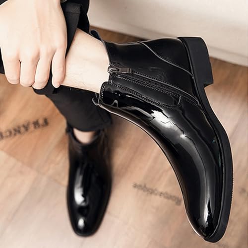 Men's Patent Leather Low Heel Dress Chelsea Boots with Side Zipper Pointed Toe Warm Fur Lined Non Slip Casual Booties Fashion Buckle Work Business Prom Ankle Boots4