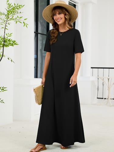 KORSIS Women's Summer Black M Dresses Short Sleeve Casual Long T-Shirt Dress Loose Flowy Beach Vacation Sundress with Pockets — view 4