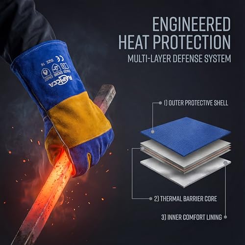 RAPICCA Welding Gloves Fire Heat Resistant: Blue 16IN 932℉ - Fireproof Leather For Stick Mig Flux-Core Welder Forge Blacksmith Fireplace Wood Stove Fire Pit Furnace Handling Dry ice - One Size