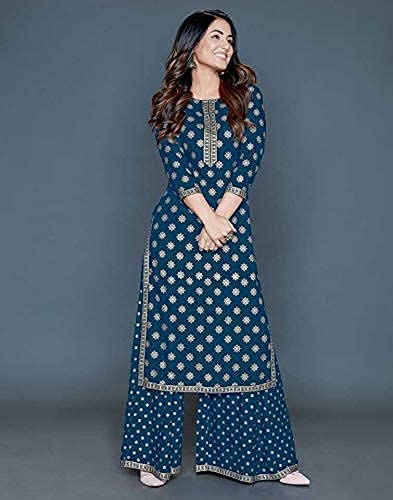 Image of Women's Rayon Solid Kurti with Sharara Set | Round Neck Ethnic Kurta with 3 /4 Sleeves | Stylish Festive & Outfit for Women & Girls