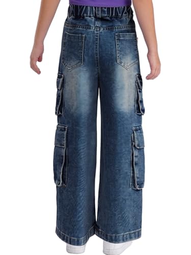 Youth Girls Casual Elastic Waistband Jeans Cargo Pants Wide-Leg Denim Trousers for Hip Hop Jazz Streetwear2