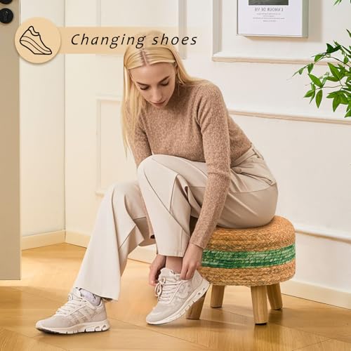 LGENHOOM Handwoven Round Ottoman, Natural Water Hyacinth Outdoor Patio Pouf Seagrass Low Stool with Wood Legs, Soft Padded Footrest for Living Room Bedroom Garden, Green