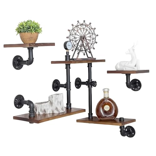 SanBouSi Étagère flottante industrielle à 5 niveaux - En bois massif - Pour murs - Vintage - Étagère suspendue - Étagère tubulaire - Cadre en métal - Pour salon