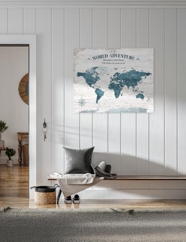 Image of IPIC - Vintage Teal World Map Canvas Wall Art, Push Pin World Map to Track Your Travels, Rustic Style Wall Decor for Home, Office, Living Room or RV, Ready to Hang, Made in USA