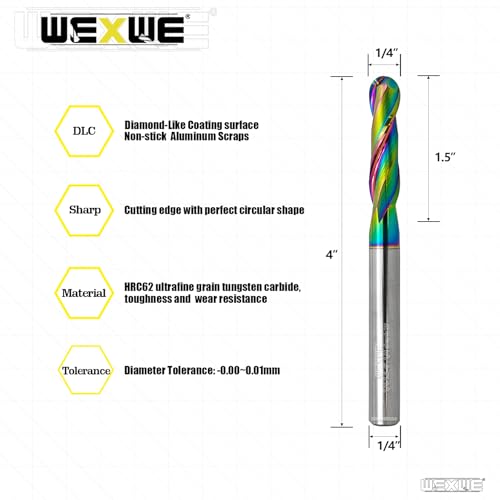 Image of Tools Extra Long Ball Nose Carbide End Mill, DLC Coating, CNC Cutting Tools for Aluminum and Wood Cutting, 3D Carving & Engraving. 2 Flute Router Bits,1 /4 Shank (1 /4-4 inch 2pcs)