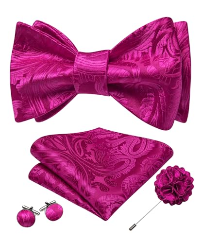 YOHOWA Hot Pink Bow Ties for Men Self-tied Silk Bowtie with Lapel Pin Brooch and Handkerchief Cufflinks for Wedding Party Prom
