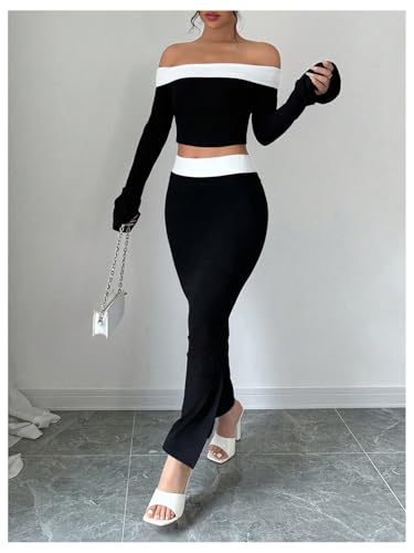WDIRARA Women's 2 Piece Split Fishtail Skirt Set Monochrome Off Shoulder Top Outfit3
