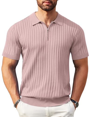 COOFANDY Men's Zipper Polo Shirts Short Sleeve Ribbed Knit Polo T Shirts Fashion Casual Golf Shirts