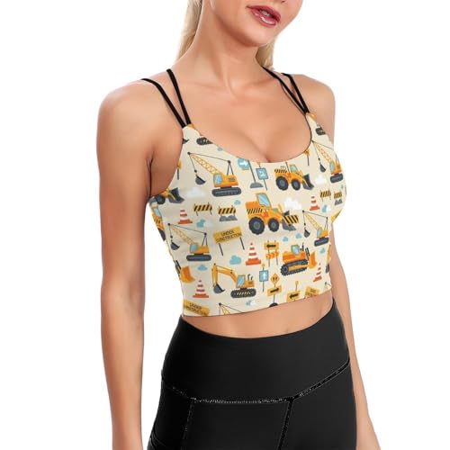 Casual Support Yoga Bra Construction Cartoon Truck, Padded Gym Running Workout Tank, Wirefree Sports Top for Women & Girls