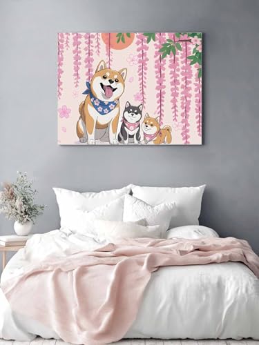 Vandaluuki アートパネル 和風 桜 可愛い秋田犬 犬 ピンク色 アートボード ポスター 50x40cm 壁掛け 壁画 壁飾り 部屋飾り 飾り絵 絵画 インテリア ソファの背景画 完成品 モダン 現代 玄関 部屋 リビングルーム ギフト