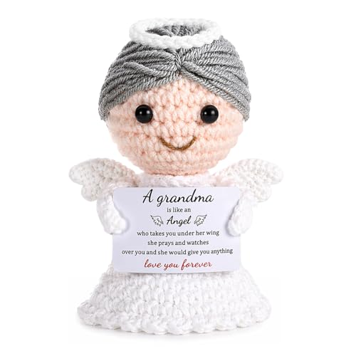 Ángel de ganchillo hecho a mano con tarjetas de feliz cumpleaños para sorprender a Mimi