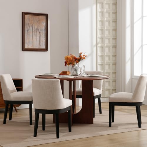 Linen Dining Chairs Set of 4, Upholstered Dining Room Chair with Black Wood Legs, Farmhouse Kitchen Chairs with Mid Back, Comfy Armless Side Chair for Living Room/Restaurant, Beige