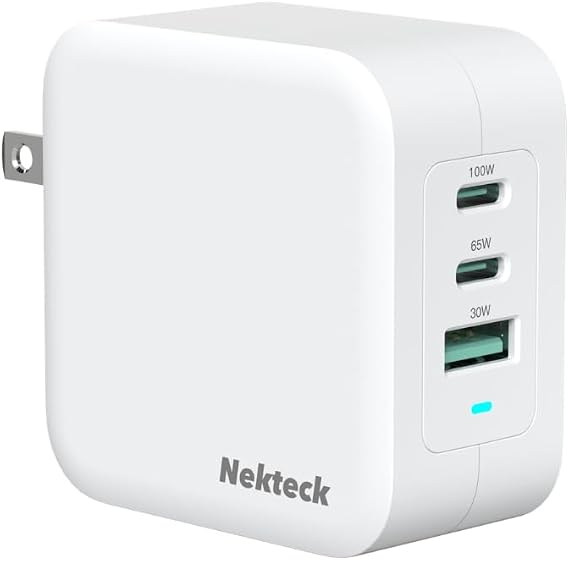 Nekteck 100W GaN USB C Fast Charger (3-Port) - PD 3.0 & QC 3.0 Compact Wall Charger for MacBook Pro/Air, iPhone 17/16/15, iPad, Galaxy S25/S24, PixelBook, Steam Deck, Laptops and More - Foldable
