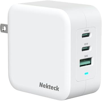 Nekteck 100W GaN USB C Fast Charger 3-Port - PD 3.0 & QC 3.0 Compact Wall Charger for MacBook Pro/Air, iPhone 17/16/15, iPad, Galaxy S25/S24, PixelBook, Steam Deck, Laptops and More - Foldable