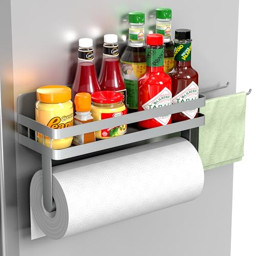 ZUNTO Magnetic Paper Towel Holder for Fridge, Strong Magnet Paper Towel Roll Holder with Spice Shelf and 2 Hooks, No Drilling Kitchen Organizer for Refrigerator, RV, Bathroom, Gray