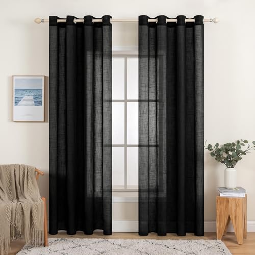 MIULEE Lot de 2 Rideaux Voilages de Fenêtre Lin Imitation Transparents Décorative à Oeillet Voile de Fenêtre Draperie Intérieur Elegant Vintage pour...