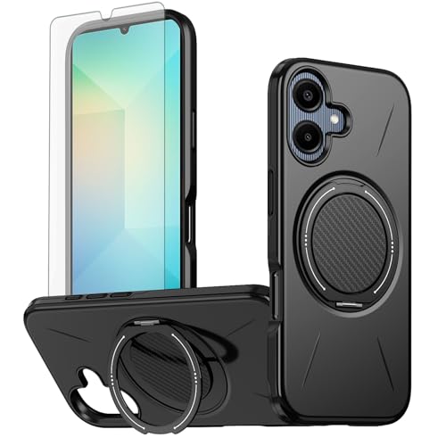 Asuwish Phone Case for Samsung Galaxy A06/A07 Magnetic Cell Cover with Tempered Glass Screen Protector and Silicone Shockproof Hybrid Stand Ring Hard Holder AO6 5G/AO7 4G A 06 07 LTE Women Men Black