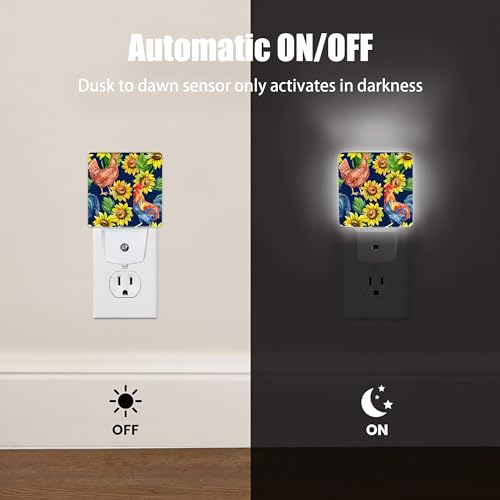 Image of Retro Hen Rooster Night Light, Sunflowers Plug into Wall with Dusk to Dawn Light Sensors, Warm Nightlights for Bedroom, Bathroom, Hallway, Kitchen, Gifts Ideal for Boys Girls Women Men