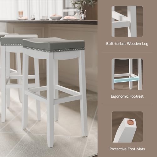 Xilingol 001 Bar Height Backless Saddle Barstools, Set Of 2 - Upholstered, With Rivet Detail And Solid Wood Legs thumb #3