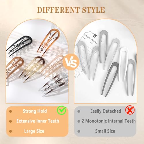 6PCS French Hair Pins for Women, Tortoise Shell French Pins Hair, Large Hair Styling Pins for Thin Thick Hair, 3 Internal Teeth Hair Sticks, Hair Pin for Buns, French Twist Pin, Valentine's Day Gifts