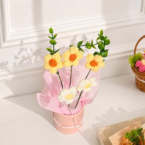 Image of Art Street Handmade Crochet Flower Bouquet with Pot | Yellow & White Knitted Artificial Flowers with Green Leaves & Ribbon | Cute Forever for Home Decor, Birthday, Anniversary