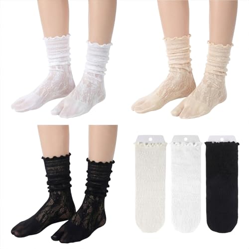 Aysatogc 3 Pairs Lace Sexy Tabi Socks Women Split Two Toe Socks Japanese Toes Separated Sock Ruffle Frilly Sports Casual Sock for Men Women Unisex