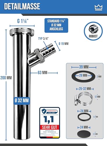 FEINER® Edelstahl Universal Verstellrohr Abflussrohr 1 1/4 Zoll x 200 mm x Ø 32 mm Tauchrohr mit Geräteanschluss, Rohr für Waschbecken Siphon an Wasch,- Spülmaschine verchromt + Gratis-Schlauchschelle