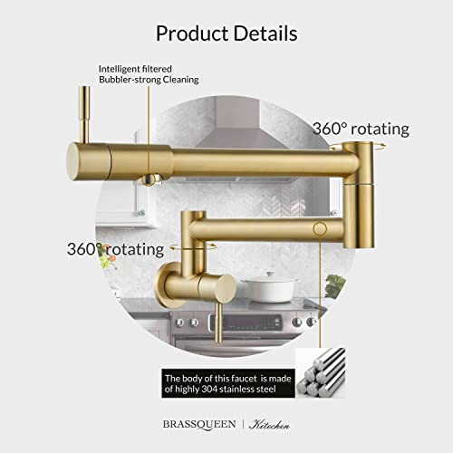 Brassqueen Faucet Folding Brushed Gold Pot Filler Faucet Stretchable Wall Mount Commercial Stainless Steel Kitchen Sink Faucet With Double Joint Swing Arm Single Hole Wall Mount Faucet Single #TOP3
