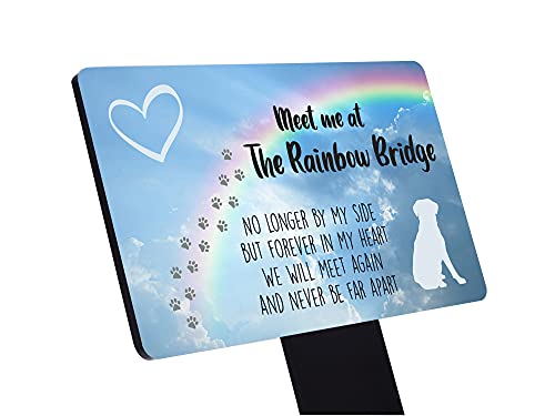 OriginDesigned New Meet Me at The Rainbow Bridge, Pet Dog Loss Memorial - Aluminium Plaque Mounted onto a Black Acrylic Stake.