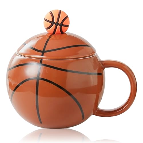 DASIAUTOEM Kaffeetasse mit Deckel Löffel, 400ML Tasse Basketball Becher Fußball, Keramik Becher, Keramikkaffeetasse Coffee Mug, Kaffeebecher Porzellan Tasse Geschenk Geburtstag für Jungen