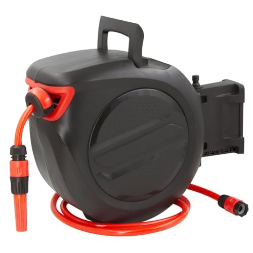 STI Avvolgitubo automatico da Giardino 20m da Parete con Box e fissaggio a parete Tubo acqua PVC 3 strati 1/2 irrigazione da muro girevole 180°, con lancia e attacchi rapidi