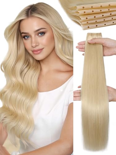 WIGNEE Genius Double Butterfly Weft Human Hair Extensions Invisible 18 Inch Blonde Hair Extensions Real Human Hair 5 PCS 100g Seamless Micro Beads Human Hair Extensions Glueless for white women(60A)
