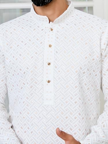 Image of See Designs Men's Full Sleeve Mandarin Collar Embroidered Thread Work Sequinned Rayon Straight Long Kurta - Festive Collection