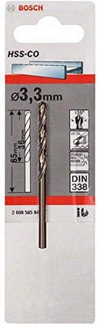 Bosch Professional 2608585844, HSS-Co Metal Drill Bit (stainless steel, 3.3 x 36 x 65 mm, accessory drill driver), Gold
