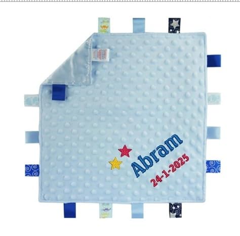 Personalised Embroidered Baby Dimple Comforter Tags Blanket with Name and Date of Birth Newborn Boy or Girl (Blue Bubble)