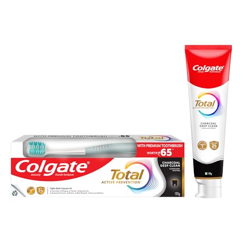 Colgate Total Charcoal Deep Clean Toothpaste 150Gm/5.2oz and Soft Toothbrush Free for Whole Mouth Health