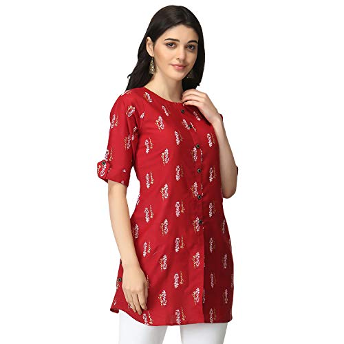 Image of OM SAI LATEST CREATION Slub Rayon Fully Stitched Anarkali Foil Print Kurti for Women & Girls on Jeans Palazzo or Skirt (Plus Size Upto 2XL) (Black)