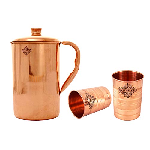 Indian Art Villa Handmade Copper Pitcher Jug 40 US Fluid Ounce Combo with Set of 2 Copper Glass Tumbler Cups 10 Fluid Ounce Brown