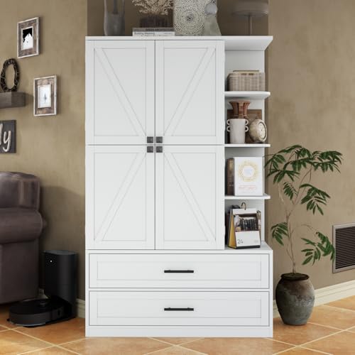 Loomie 66.9\" Farmhouse Kitchen Pantry Cabinet, 5 Drawers Storage Cabinet with 4 Side Shelves & 6 Door Shelves, Freestanding Hutch with Doors, Buffet Sideboard, Cupboard for Dining Room, White (White) - Thumbnail 7