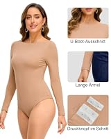 WOWENY Thermobody Damen Langarm Bootsausschnitt Body Thermo Bodysuit Elegant Winter Unterhemd Formschön Basisbody,Beige,S – Ansicht 3