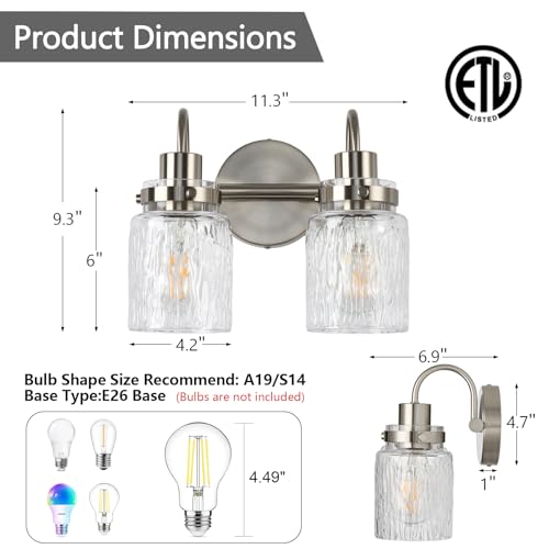 Image of 2 Lights Hammered Glass Bathroom Vanity Light,Brushed Nickel | Easy Installation,Up or Down,Farmhouse Modern Style,E26 Socket,ETL Certification