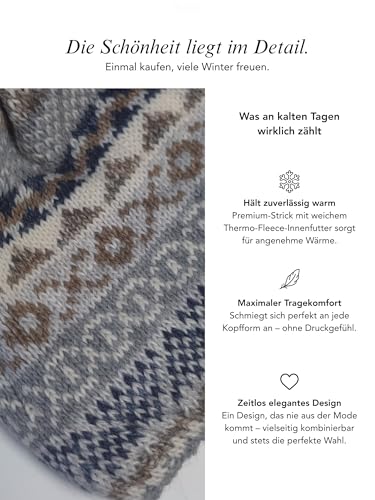 Baesics Wintermütze Rosa mit Muster Damen Herren – Gefütterte Bommelmütze mit Kunstfell Pompon, Strickmütze Beanie Stil, Made in EU, One Size, Warm & Elastisch mit Fleecefutter