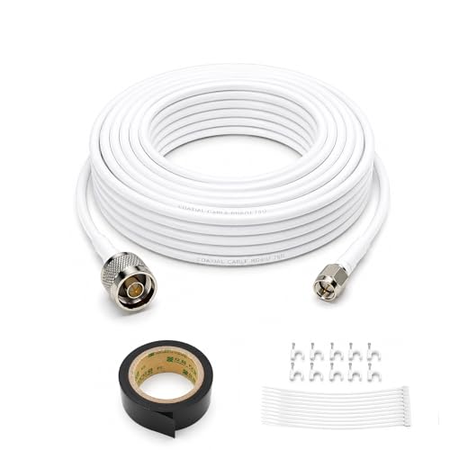 Image of N Male to SMA Male Coaxial Cable 40FT for 4G LTE 5G Antenna Systems | White 50 Ohm low loss 3D-FB RF extension, waterproof sealing tape, clips and zip ties, for signal booster, router, modem
