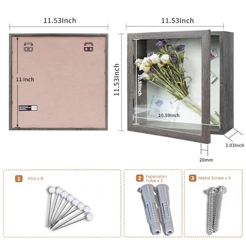 Image of Muzilife 11x11 Shadow Box Picture Frame with Linen Board Wood Glass Deep Display Case Ready to Hang Memory Box Baby Sports Memorabilia, Awards, Medals, Wedding, Tickets, and Photos (Texture Gray)