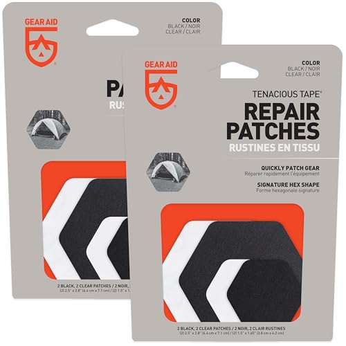 Image of GEAR AID Tenacious Tape Hex Patches, 2.5 inch & 1.5 inch, Clear /Black, 8 Count | Pre-Cut Peel-and-Stick Repair Patches for Fixing Holes, Tears and Burns in Jackets, Tents, Sleeping Bags and Gear