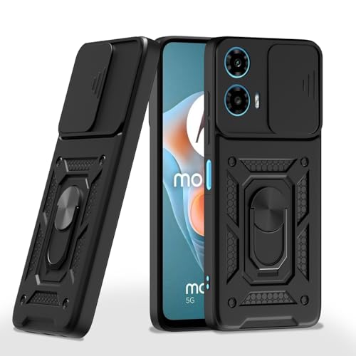 Image of Pikkme Back Cover for Motorola Moto G34 / G45 5G | 360 Protection Case | Sliding Camera Shield Cover & Ring Holder Stand D10 Tough Armor Bumper Case (Black)