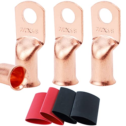 TKDMR 4pcs 2/0 AWG-3/8" Battery Lugs,Copper Wire Lugs,UL Listed Heavy Duty Battery Cable Ends,Tubular Ring Terminals,AWG Crimp Wire Ring Lugs,Battery Terminal Connectors with 3:1 Heat Shrink Tubing