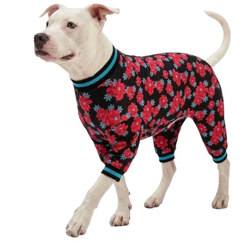 LovinPet Hunde-Pyjama, Bekleidung für mittelgroße Hunde – große Hundejammies, Blumenmuster, Marineblau und Rubin, Pitbull-Kleidung, leichter Pullover, Haustier-Pyjama, Pitbull-Einteiler, Größe L